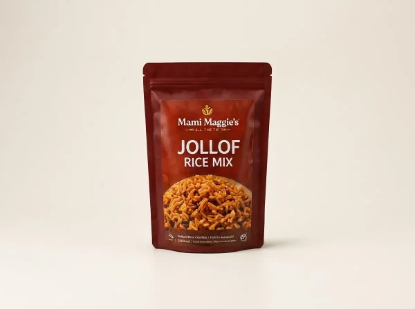 Pouch of Mami Maggie's jollof rice mix (jollof mix), handmade in Newport