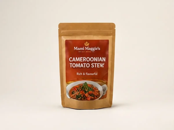 Pouch of Mami Maggie's Cameroonian tomato stew, handmade in Newport